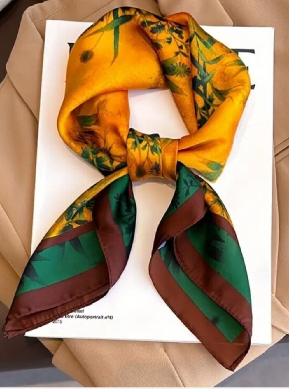 Silk-Feel Floral Print Neck Scarf in Mustard & Emerald